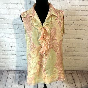 COPY - Large Ruffled sleeveless top pink and yellow Crepe like fabric Lined Fem…